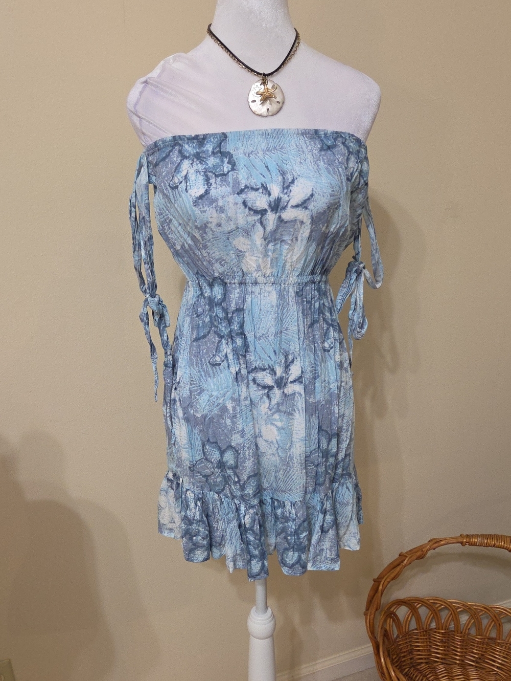 Tiare Hawaii Light Blue Floral Off-Shoulder Summer Dress